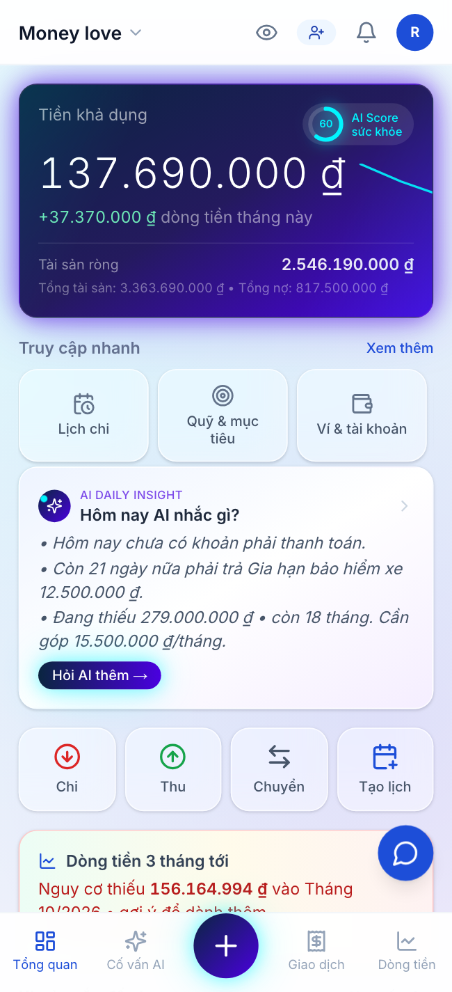 MoneyHome dashboard trên mobile